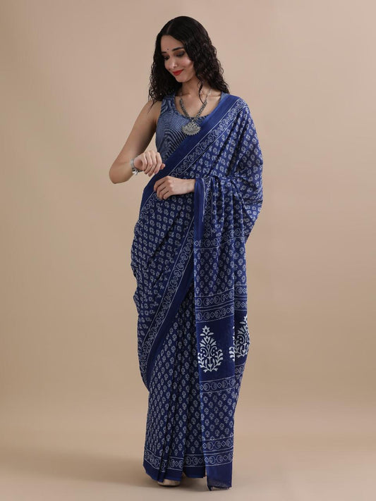 Everyday Blue Elegance Pure Mulmul Cotton Printed Saree With Blouse