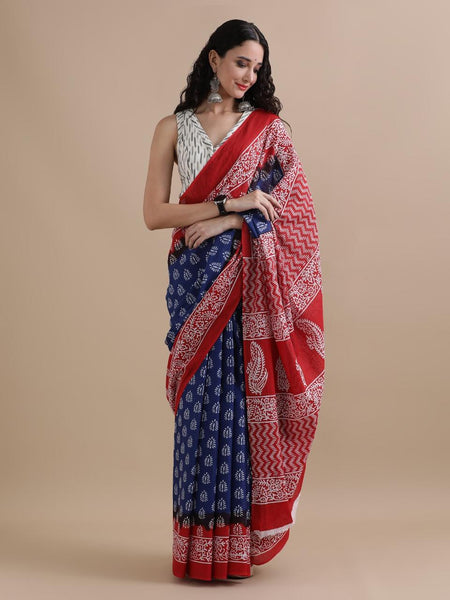 Everyday Blue Elegance Pure Mulmul Cotton Printed Saree With Blouse