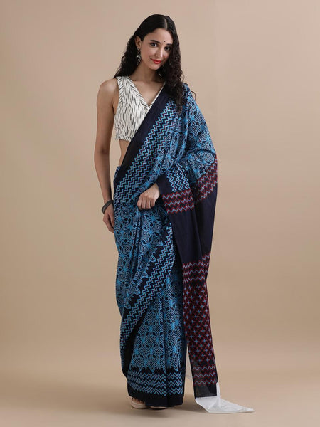 Everyday Blue Elegance Pure Mulmul Cotton Printed Saree With Blouse