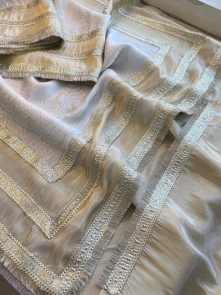 Golden Silver Cosmo Munga Silk Saree With Designer Jacquard Weaving