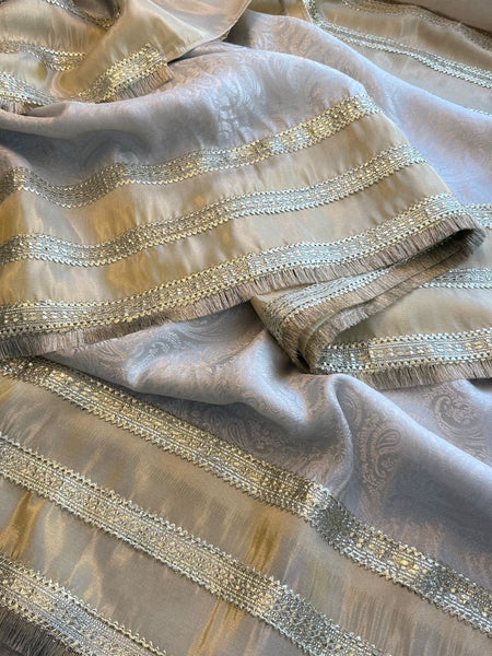 Golden Silver Cosmo Munga Silk Saree With Designer Jacquard Weaving