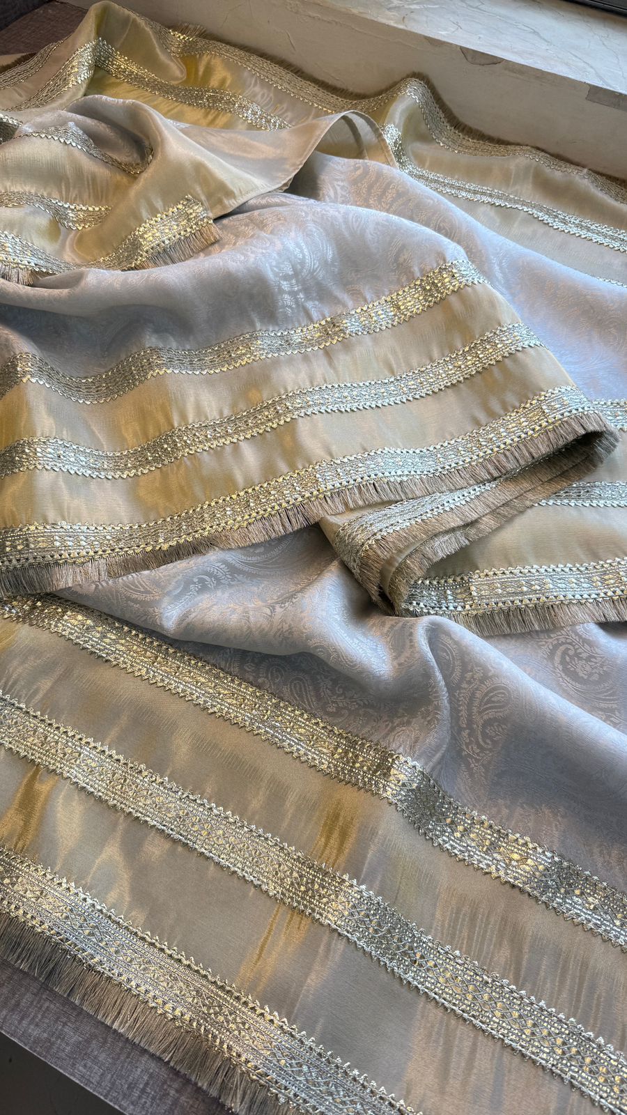 Zari Jacquard Weaving On Cosmo Munga Silk · 28 Artisan Hours of work · The Sunehri Edit