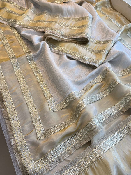 Golden Silver Cosmo Munga Silk Saree With Designer Jacquard Weaving