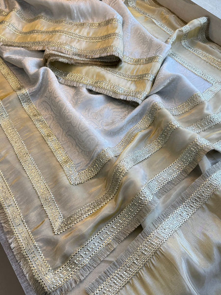 Golden Silver Cosmo Munga Silk Saree With Designer Jacquard Weaving