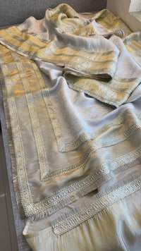 Golden Silver Cosmo Munga Silk Saree With Designer Jacquard Weaving