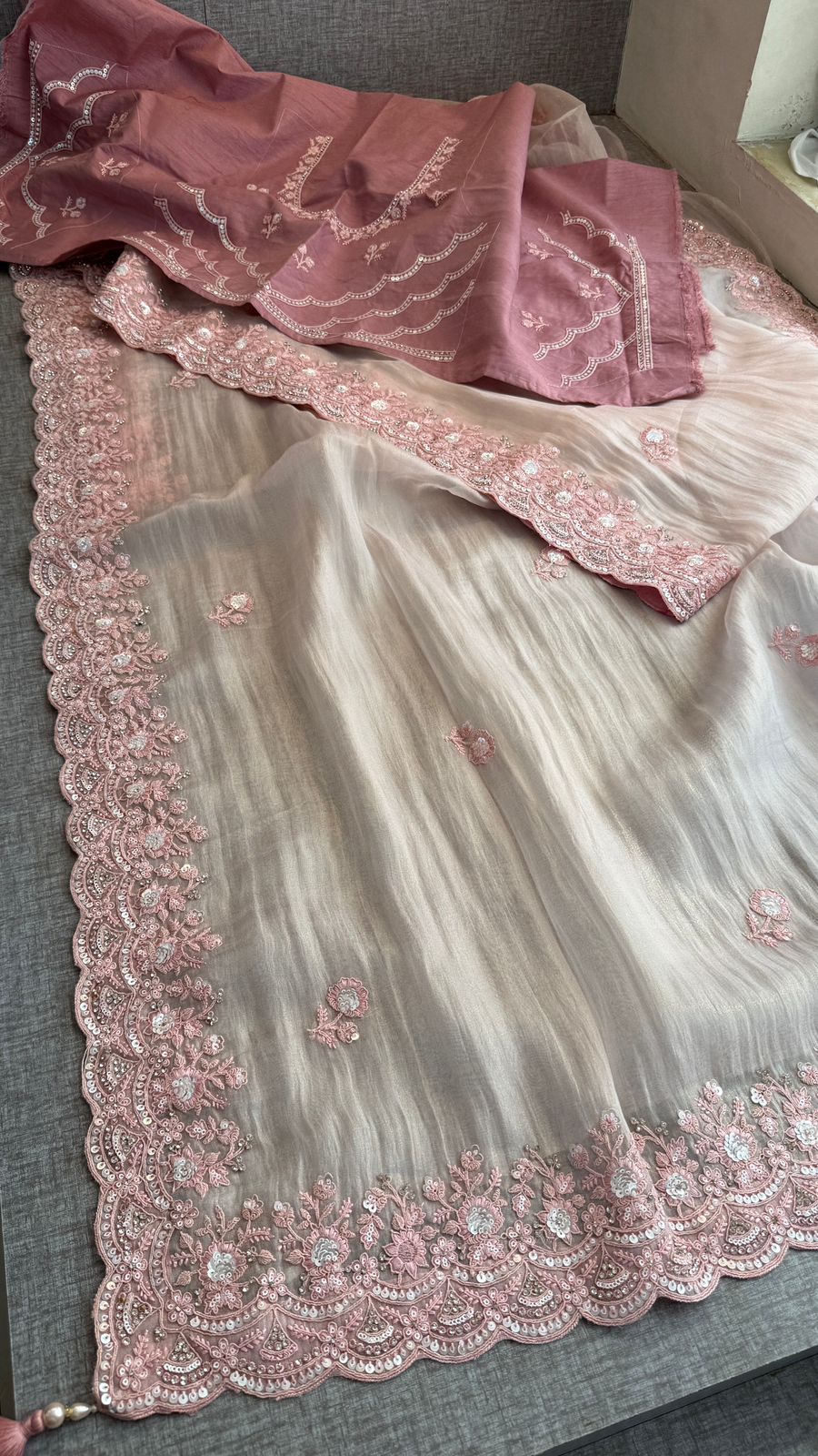 Zari And Zarkan Sequins On Tissue Net · 36 Artisan Hours of work · The Shringar Edit