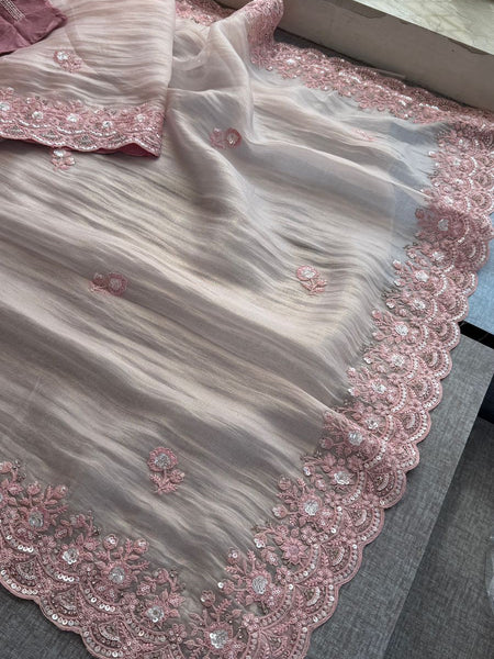 Elegant Tissue Net Saree With Zari Embroidery And Zarkan Sequin Work