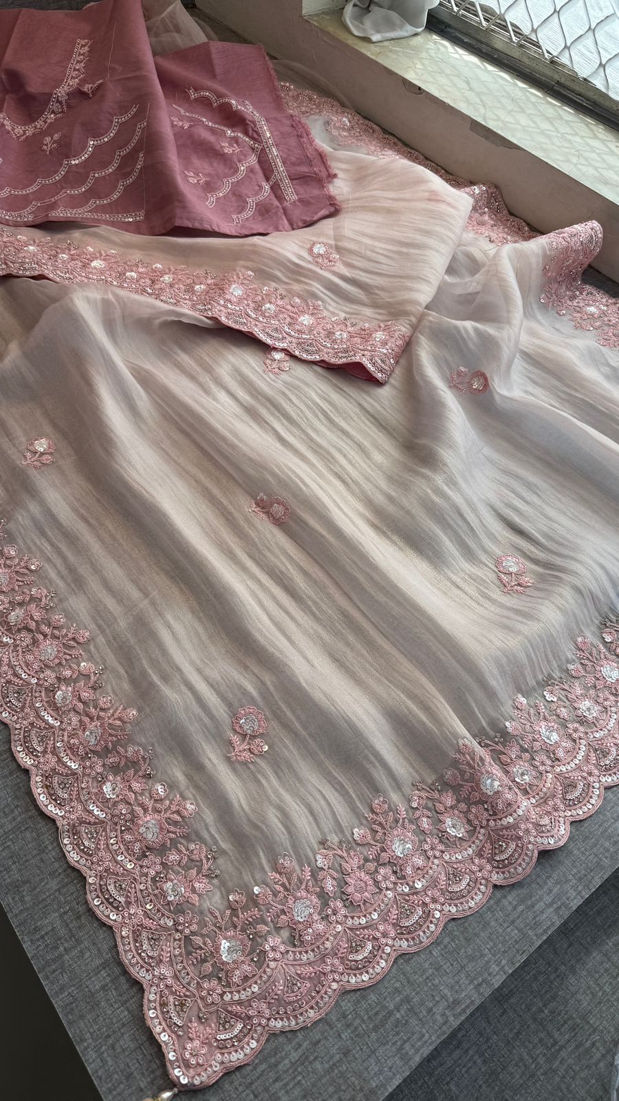 Zari And Zarkan Sequins On Tissue Net · 36 Artisan Hours of work · The Shringar Edit