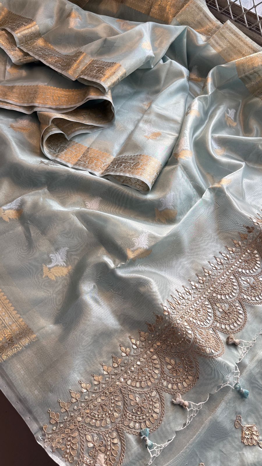 Gotta Patti Zardozi And Pearl On Tissue Banarasi Silk · 60 Artisan Hours of work · The Zari Edit