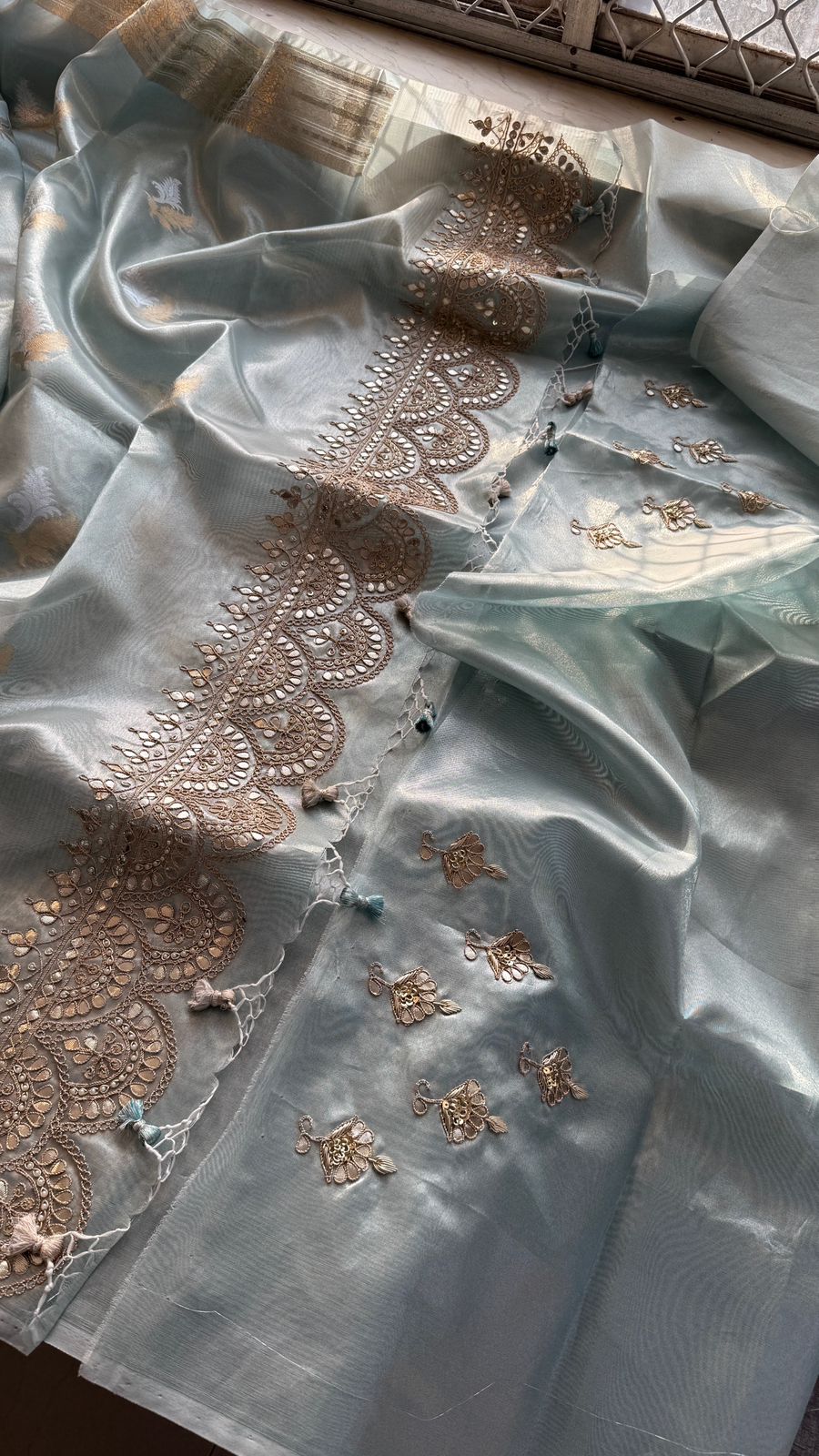 Gotta Patti Zardozi And Pearl On Tissue Banarasi Silk · 60 Artisan Hours of work · The Zari Edit