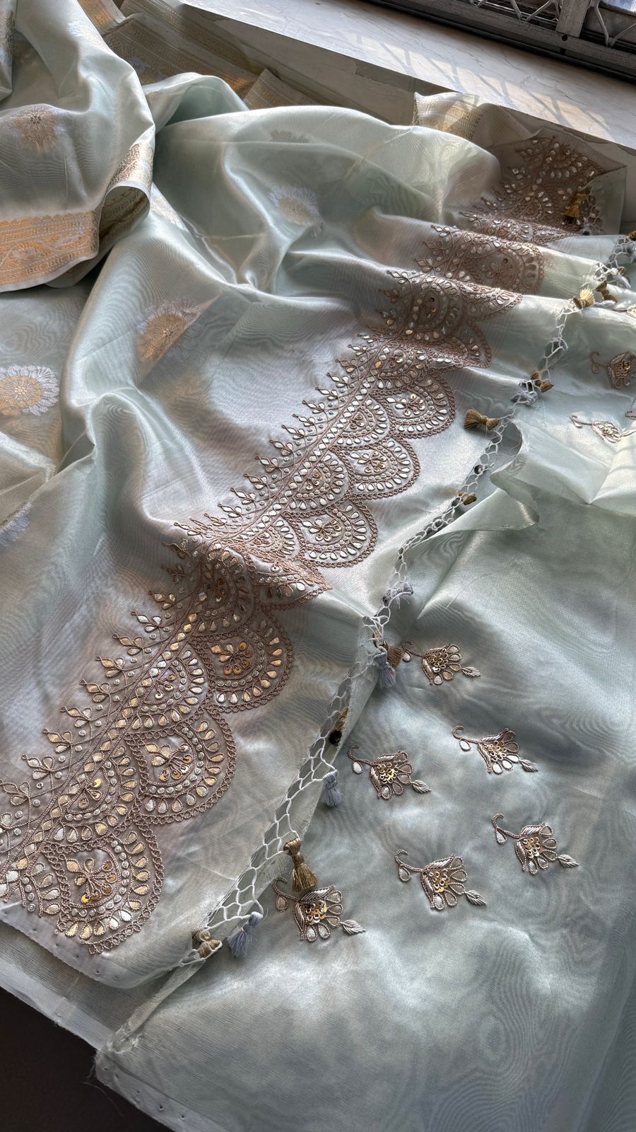 Gotta Patti Zardozi And Pearl On Tissue Banarasi Silk · 60 Artisan Hours of work · The Zari Edit