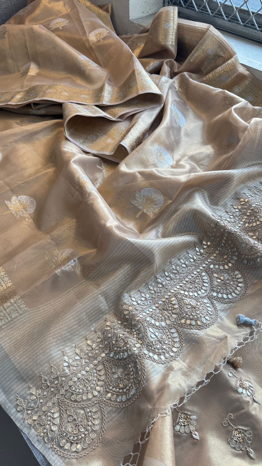 Gotta Patti Zardozi And Pearl On Tissue Banarasi Silk · 60 Artisan Hours of work · The Zari Edit