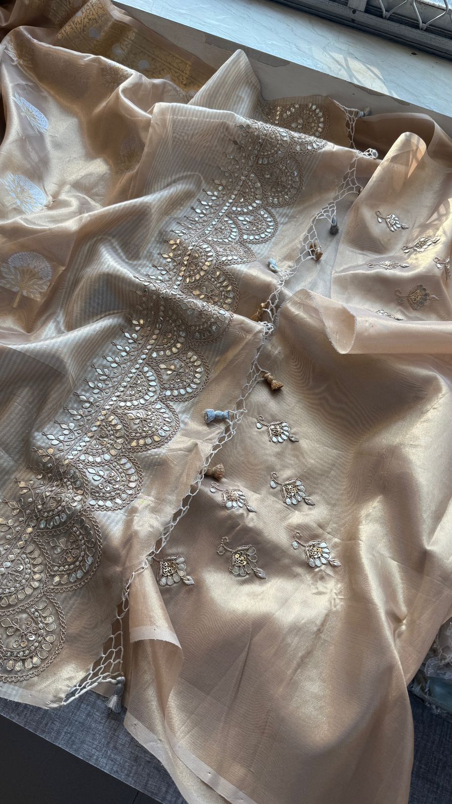 Gotta Patti Zardozi And Pearl On Tissue Banarasi Silk · 60 Artisan Hours of work · The Zari Edit