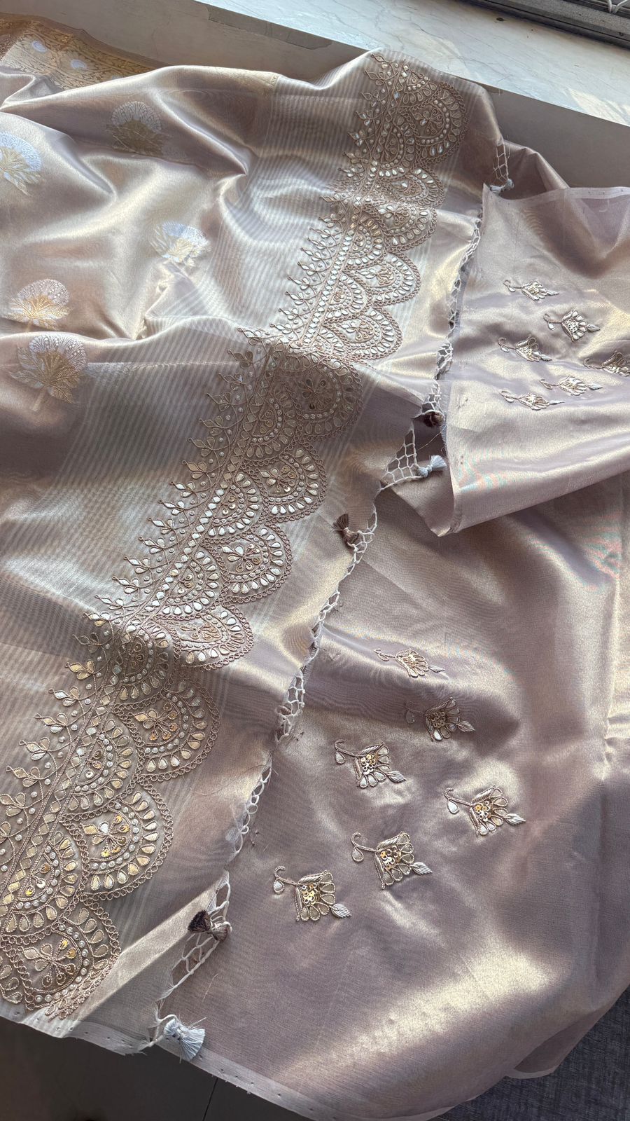 Gotta Patti Zardozi And Pearl On Tissue Banarasi Silk · 60 Artisan Hours of work · The Zari Edit