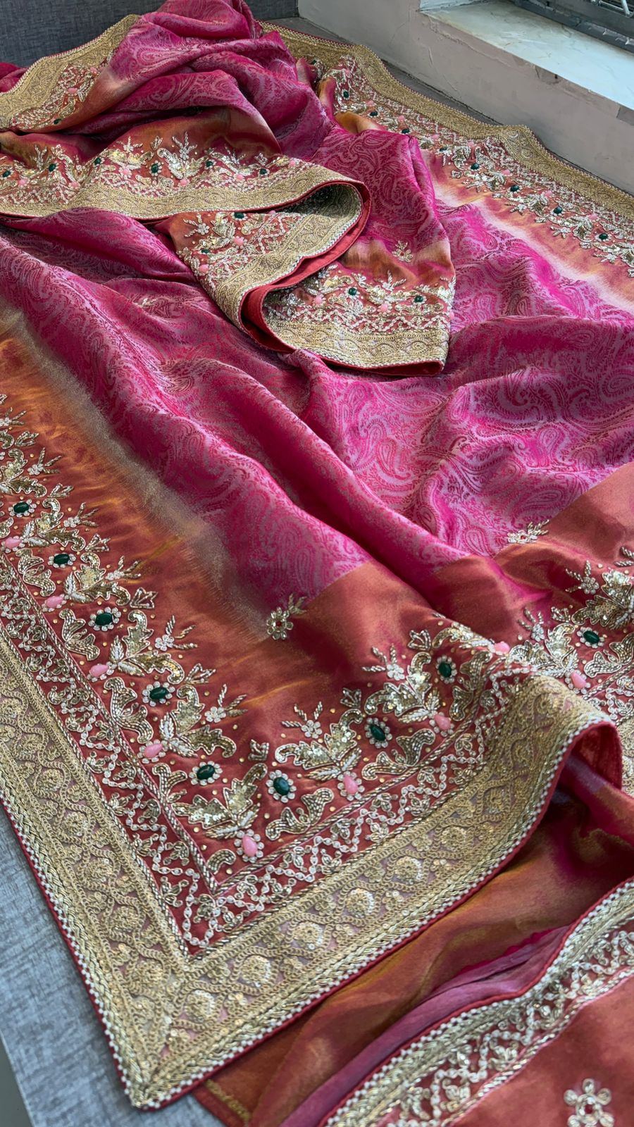 Zardozi Stone And Kutdana On Cosmo Munga Silk · 64 Artisan Hours of work · The Noor Edit