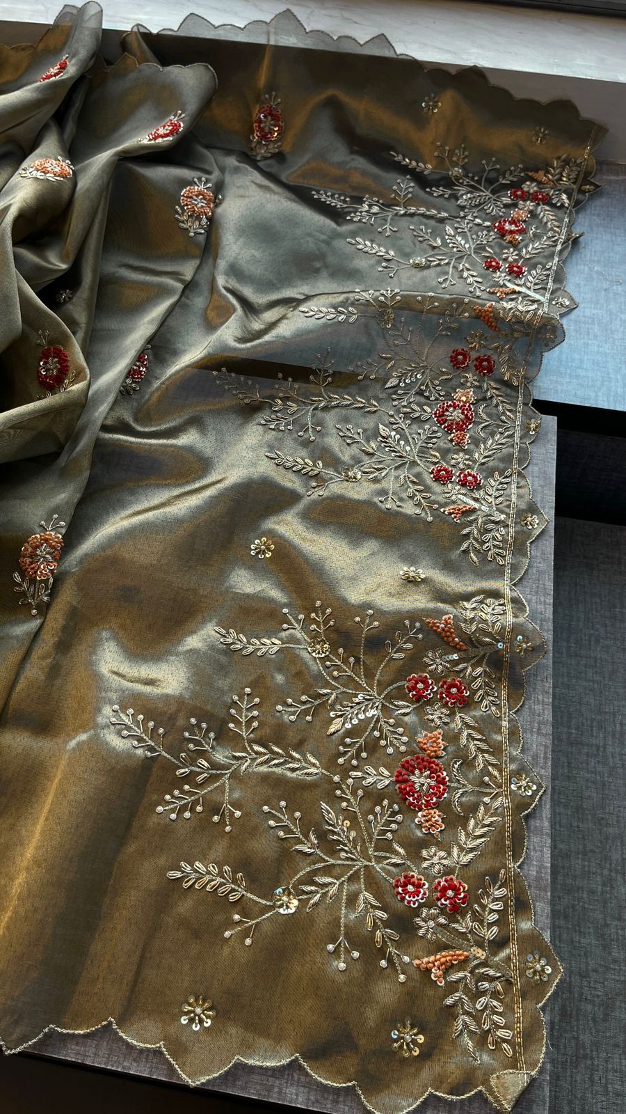 Zardozi Pearl And Resham On Soft Tissue Silk · 48 Artisan Hours of work · The Nazakat Edit