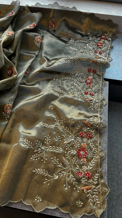 Zardozi Pearl And Resham On Soft Tissue Silk · 48 Artisan Hours of work · The Nazakat Edit