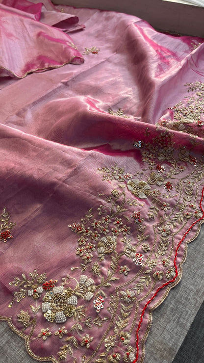 Zardozi Pearl And Resham On Tissue Silk · 48 Artisan Hours of work · The Zari Edit