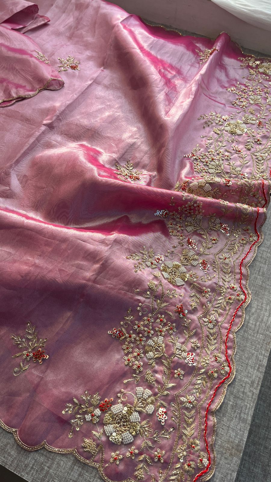 Zardozi Pearl And Resham On Tissue Silk · 48 Artisan Hours of work · The Zari Edit