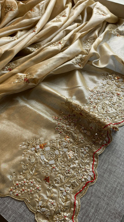 Zardozi Pearl And Resham On Tissue Silk · 48 Artisan Hours of work · The Zari Edit