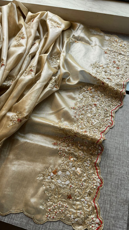 Zardozi Pearl And Resham On Tissue Silk · 48 Artisan Hours of work · The Zari Edit