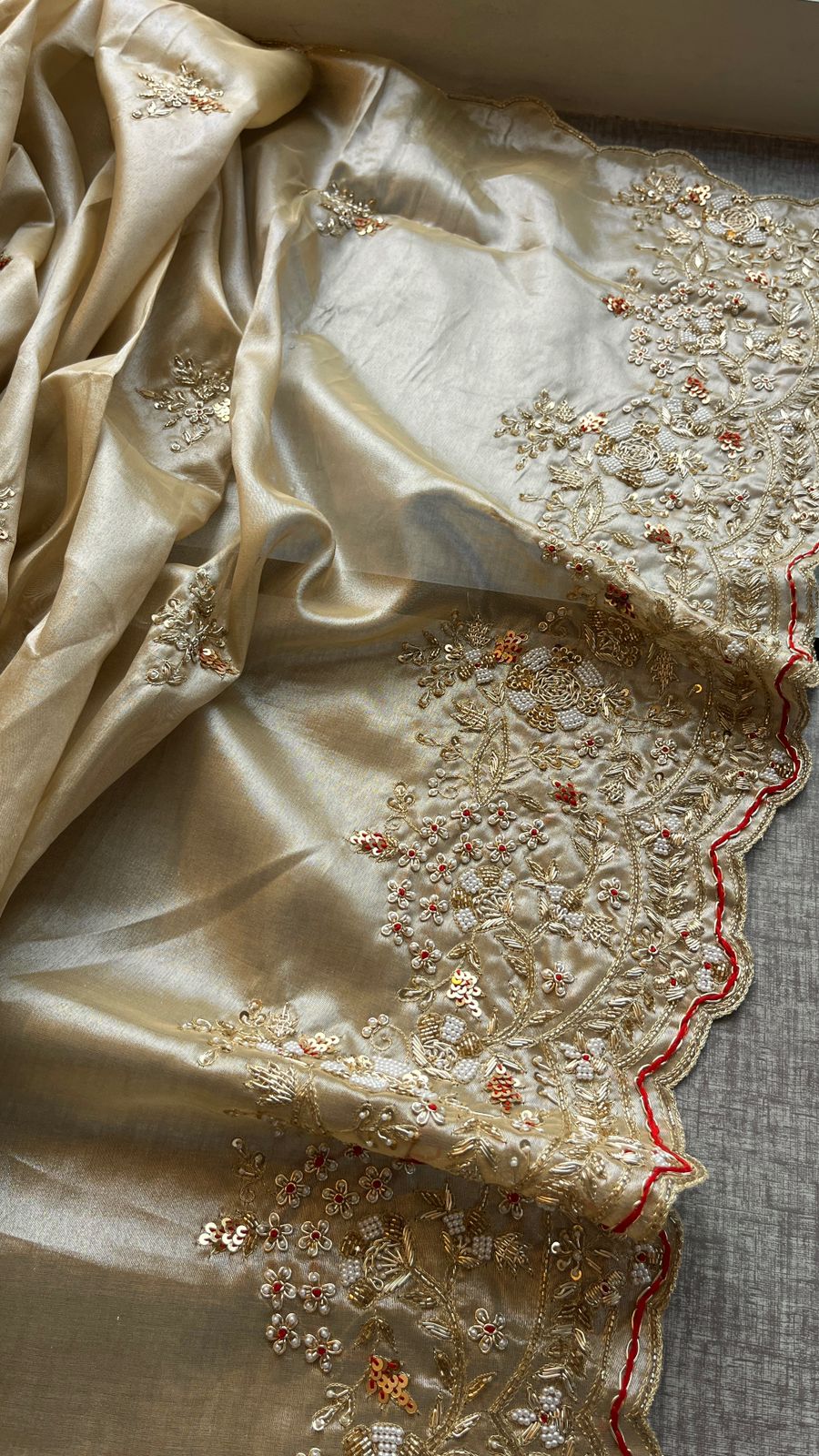 Zardozi Pearl And Resham On Tissue Silk · 48 Artisan Hours of work · The Zari Edit