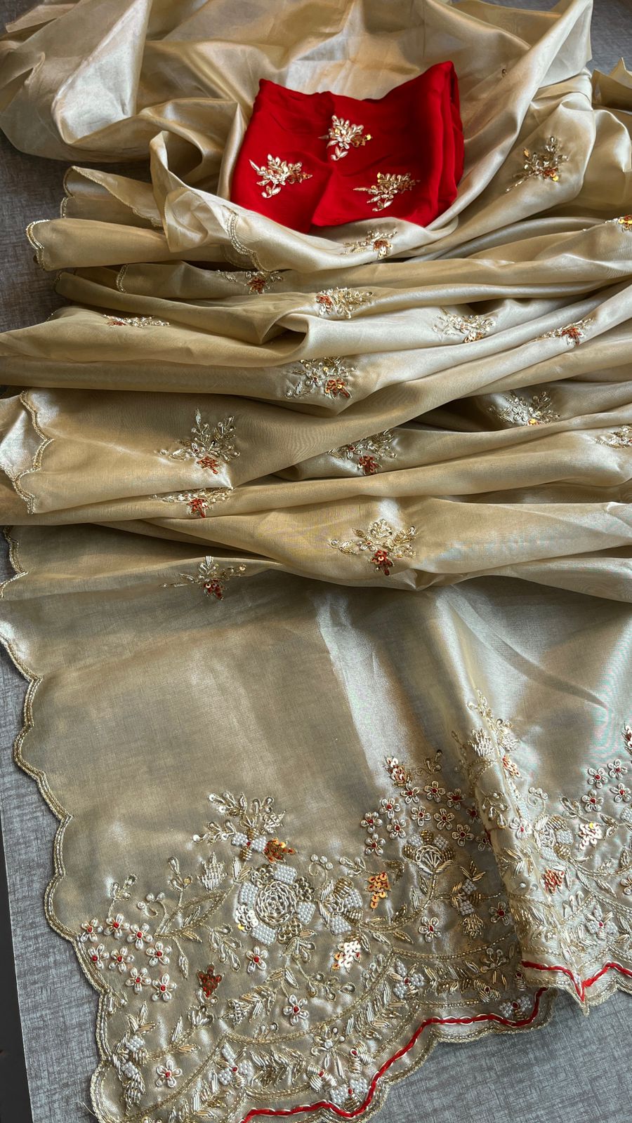 Zardozi Pearl And Resham On Tissue Silk · 48 Artisan Hours of work · The Zari Edit