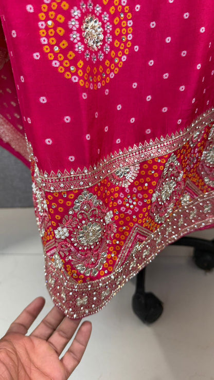 Zardozi Sequins And Pearl On Munga Silk Banarasi Bandhani · 48 Artisan Hours of work · The Shahi Adaa Edit