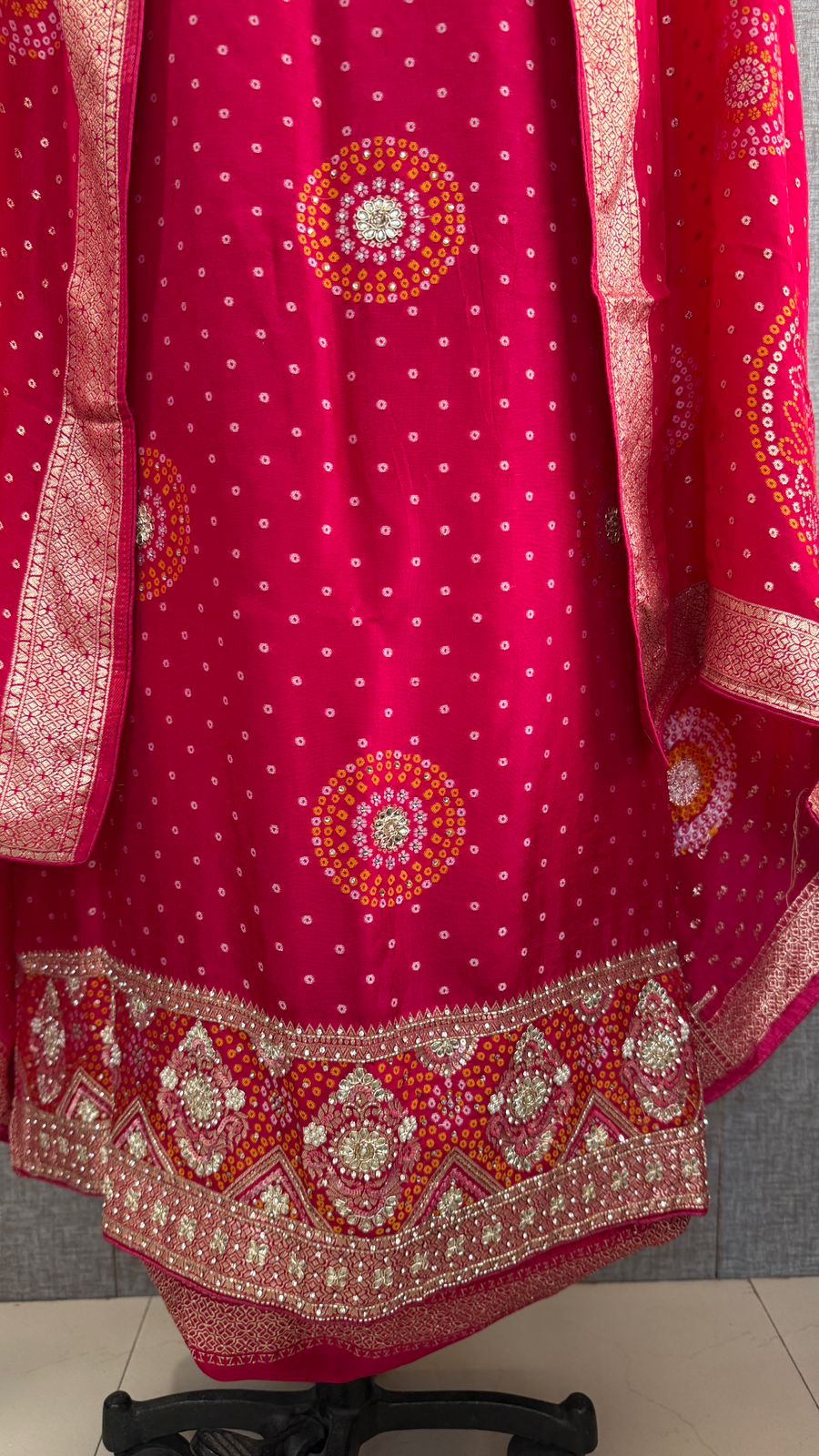 Zardozi Sequins And Pearl On Munga Silk Banarasi Bandhani · 48 Artisan Hours of work · The Shahi Adaa Edit