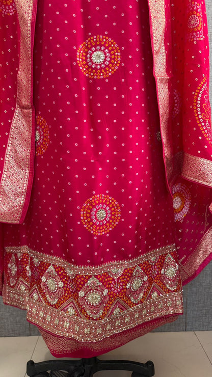 Zardozi Sequins And Pearl On Munga Silk Banarasi Bandhani · 48 Artisan Hours of work · The Shahi Adaa Edit