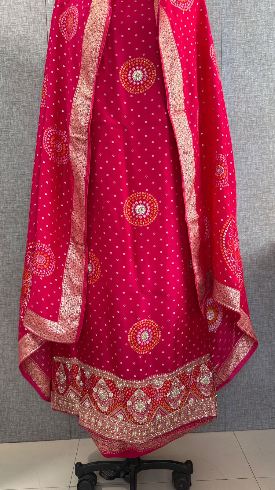Zardozi Sequins And Pearl On Munga Silk Banarasi Bandhani · 48 Artisan Hours of work · The Shahi Adaa Edit