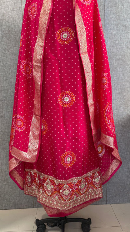 Zardozi Sequins And Pearl On Munga Silk Banarasi Bandhani · 48 Artisan Hours of work · The Shahi Adaa Edit