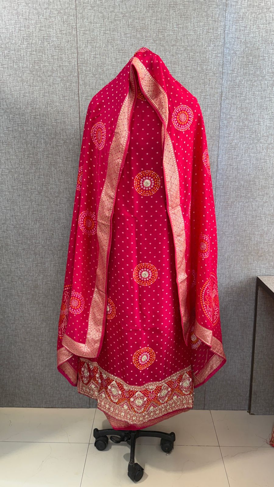 Zardozi Sequins And Pearl On Munga Silk Banarasi Bandhani · 48 Artisan Hours of work · The Shahi Adaa Edit