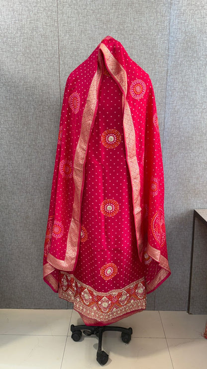 Zardozi Sequins And Pearl On Munga Silk Banarasi Bandhani · 48 Artisan Hours of work · The Shahi Adaa Edit