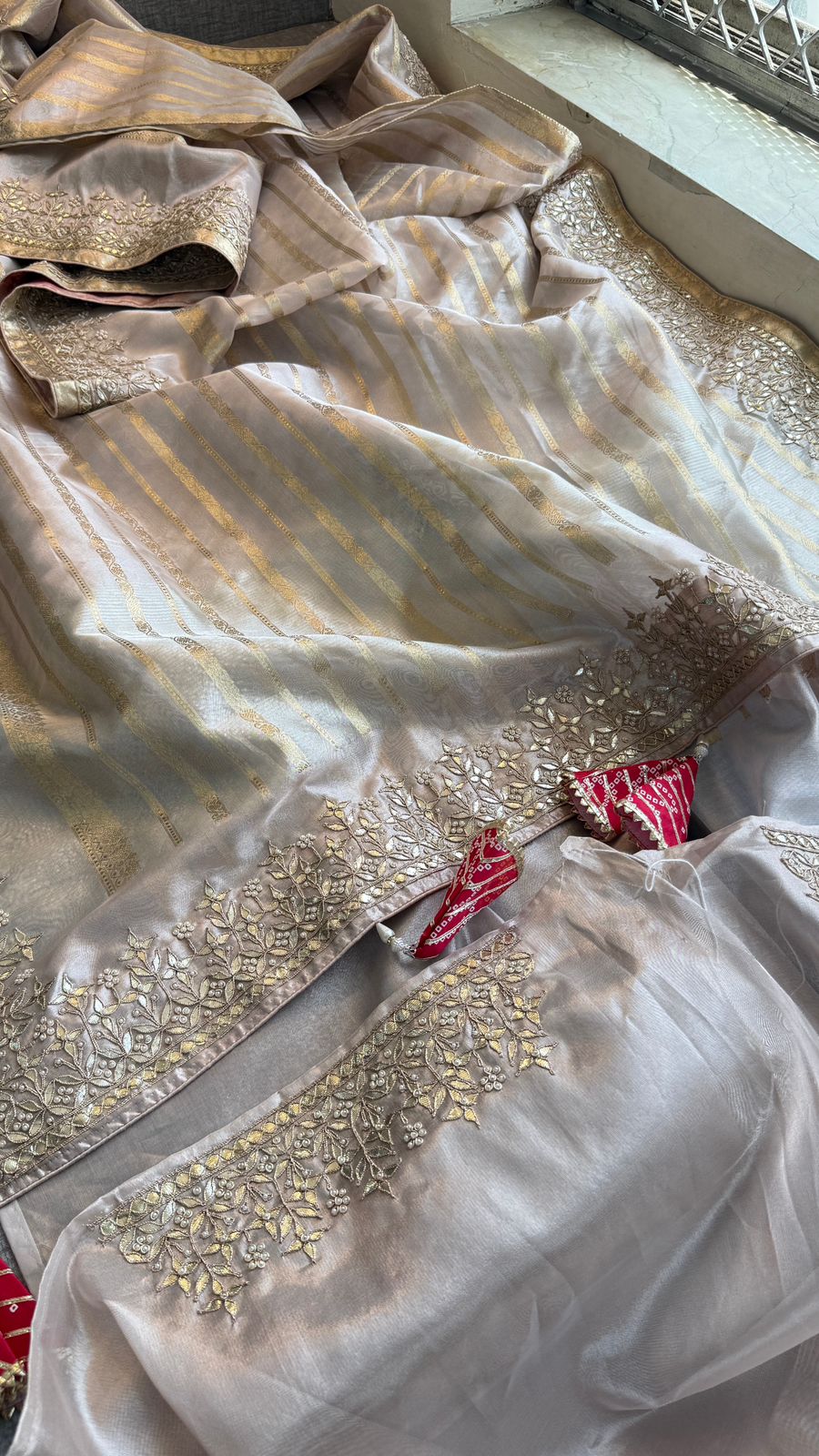 Zardozi Pearl And Gotta Patti On Tissue Silk Banarasi · 60 Artisan Hours of work · The Sunehri Edit