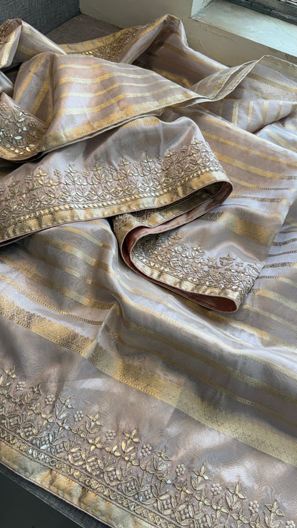 Zardozi Pearl And Gotta Patti On Tissue Silk Banarasi · 60 Artisan Hours of work · The Sunehri Edit