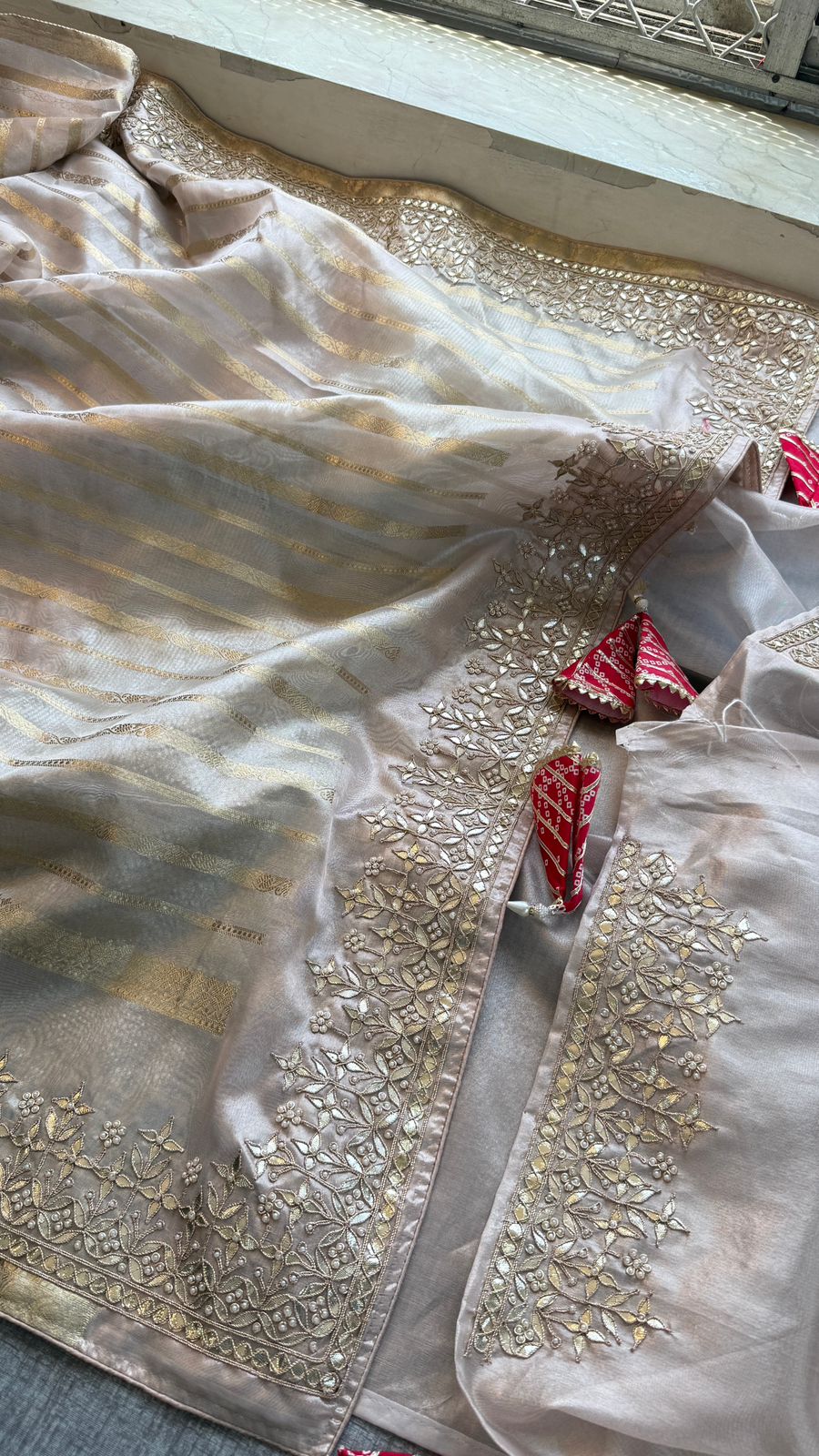 Zardozi Pearl And Gotta Patti On Tissue Silk Banarasi · 60 Artisan Hours of work · The Sunehri Edit