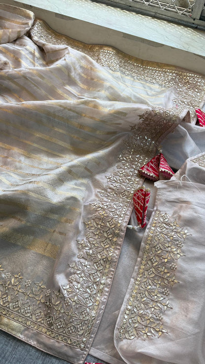 Zardozi Pearl And Gotta Patti On Tissue Silk Banarasi · 60 Artisan Hours of work · The Sunehri Edit