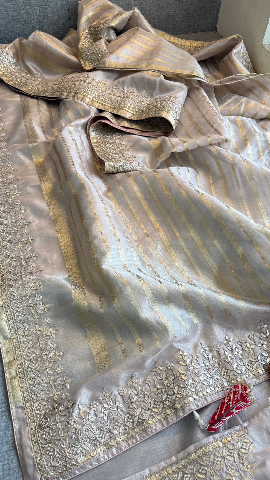 Zardozi Pearl And Gotta Patti On Tissue Silk Banarasi · 60 Artisan Hours of work · The Sunehri Edit