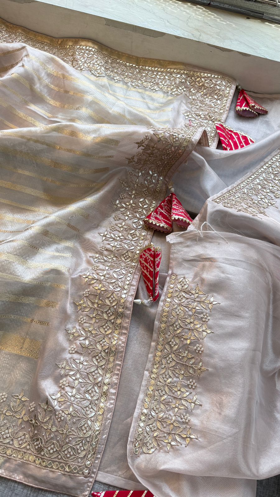 Zardozi Pearl And Gotta Patti On Tissue Silk Banarasi · 60 Artisan Hours of work · The Sunehri Edit
