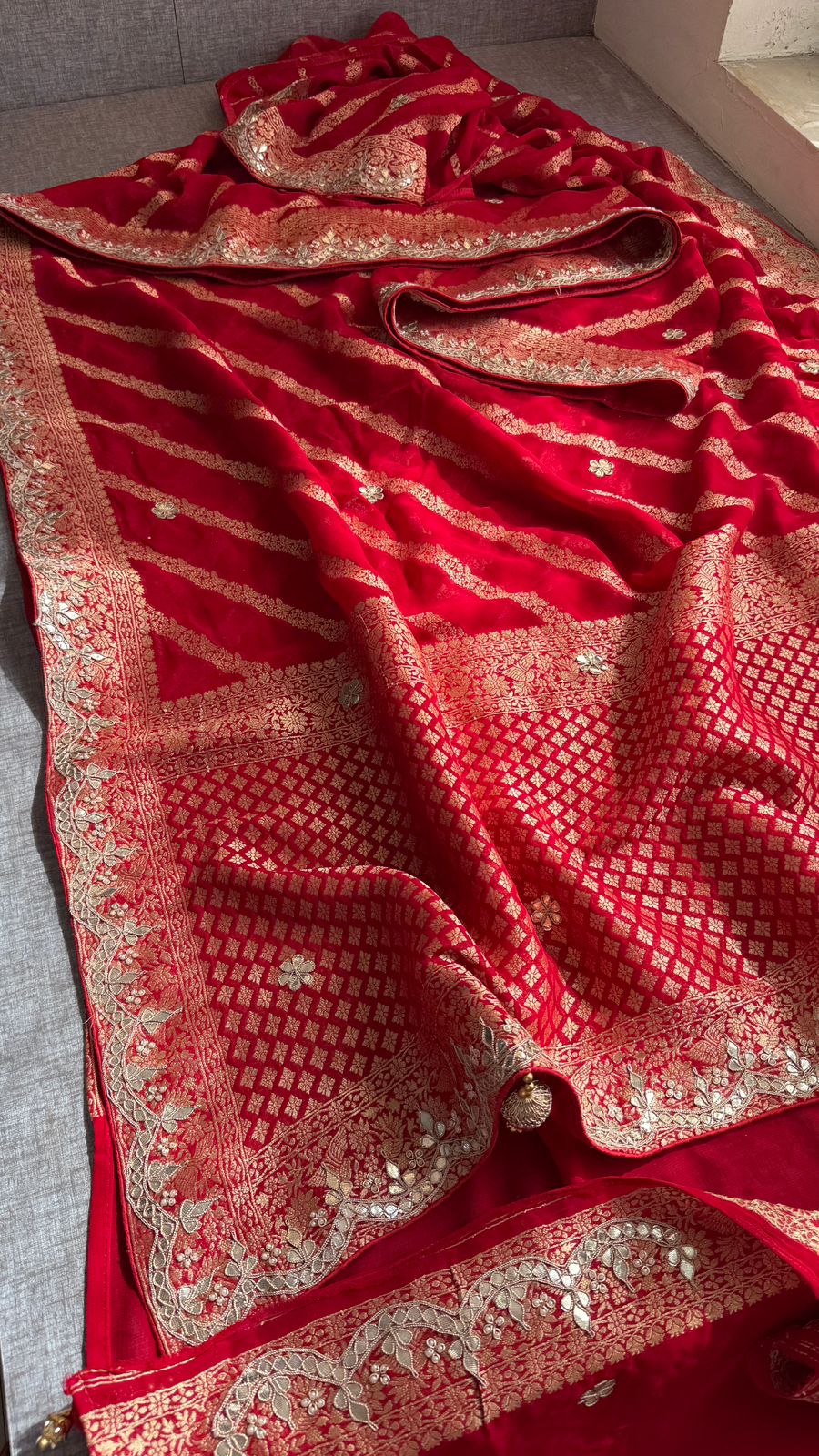 Zardozi Gotta Patti And Pearl On Khaddi Georgette Banarasi · 56 Artisan Hours of work · The Noor Edit