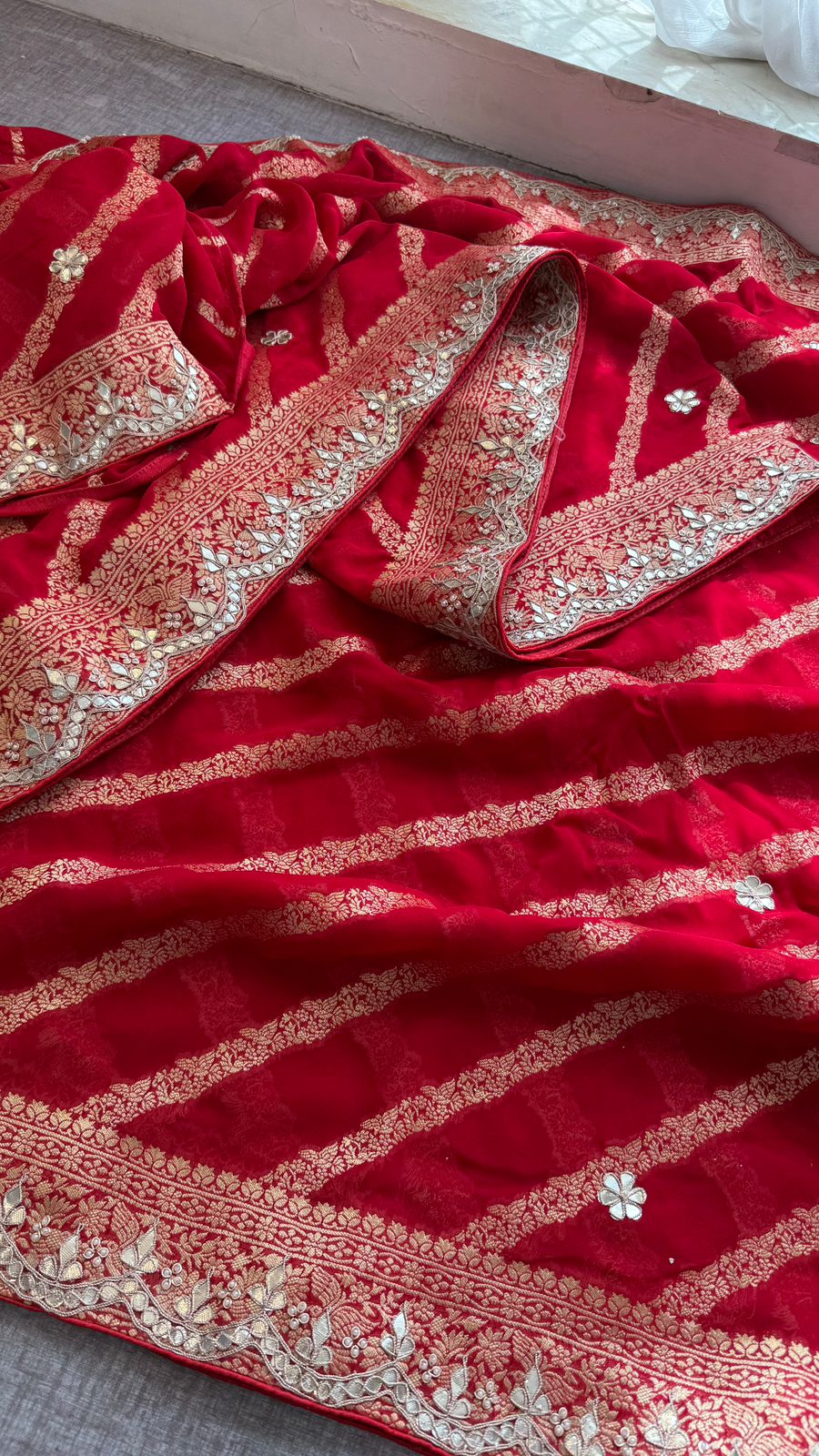 Zardozi Gotta Patti And Pearl On Khaddi Georgette Banarasi · 56 Artisan Hours of work · The Noor Edit