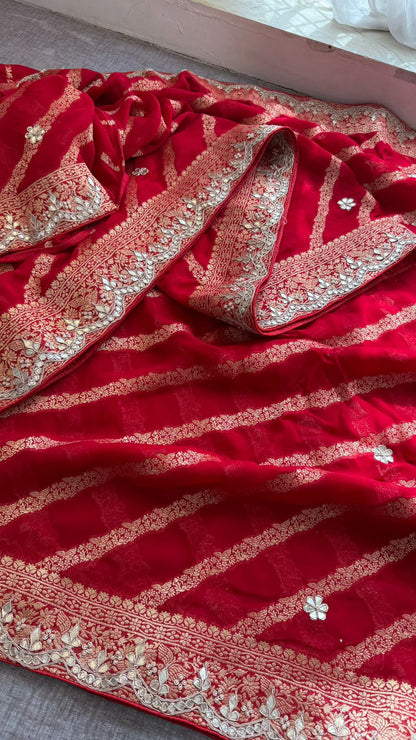 Zardozi Gotta Patti And Pearl On Khaddi Georgette Banarasi · 56 Artisan Hours of work · The Noor Edit