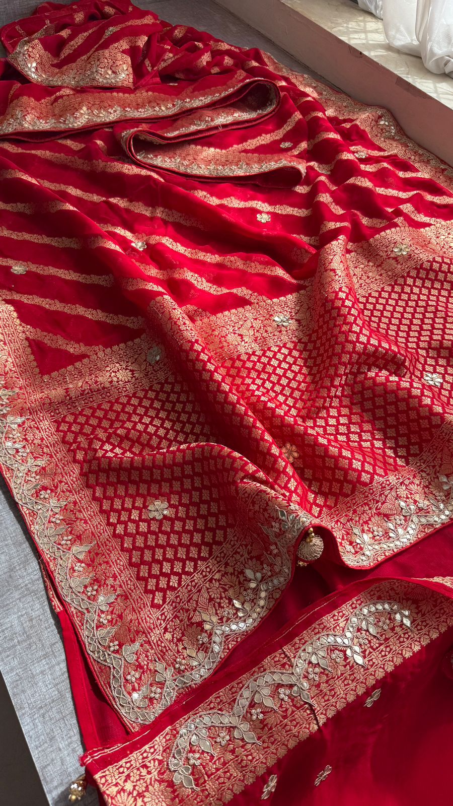 Zardozi Gotta Patti And Pearl On Khaddi Georgette Banarasi · 56 Artisan Hours of work · The Noor Edit