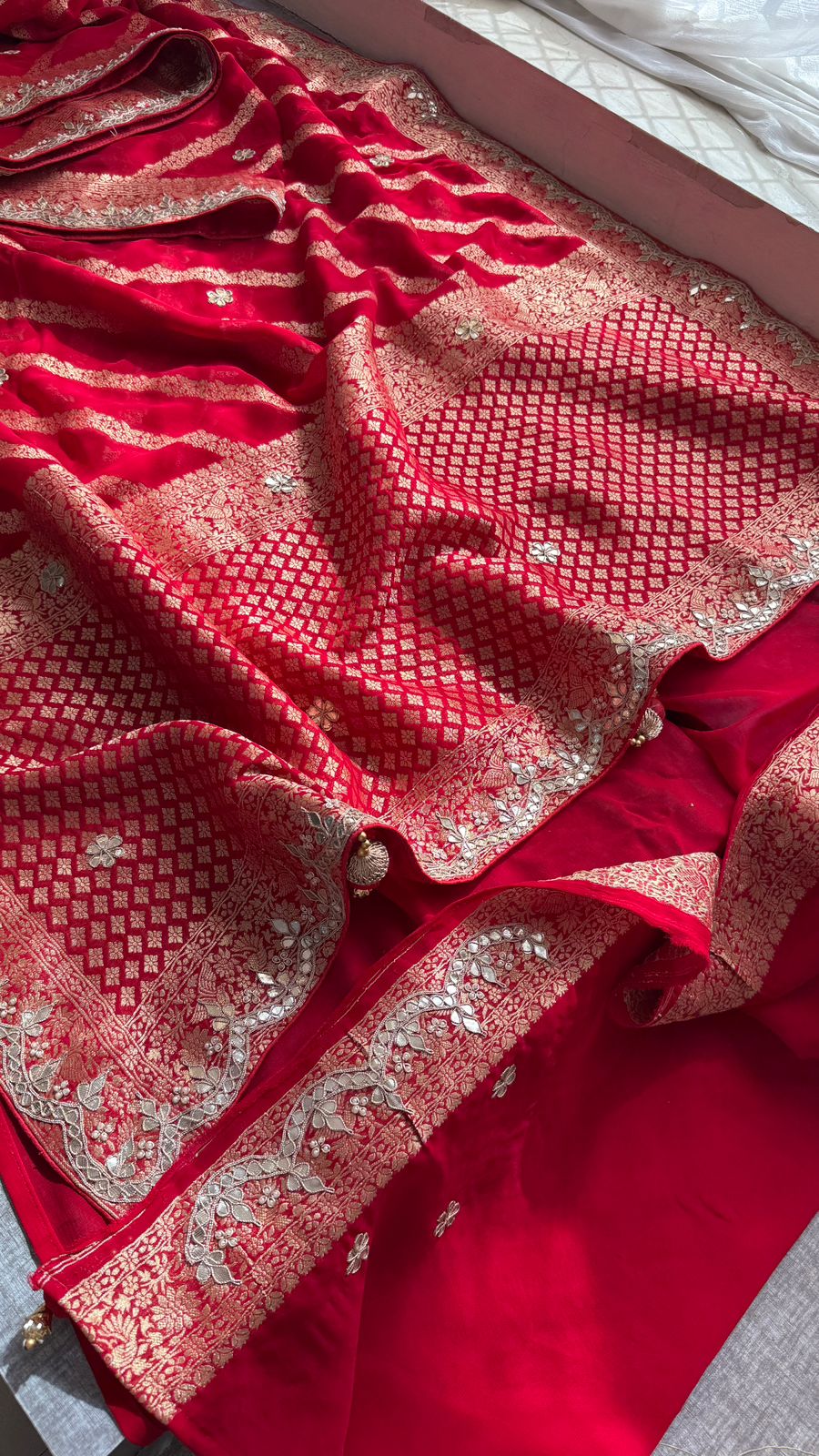 Zardozi Gotta Patti And Pearl On Khaddi Georgette Banarasi · 56 Artisan Hours of work · The Noor Edit