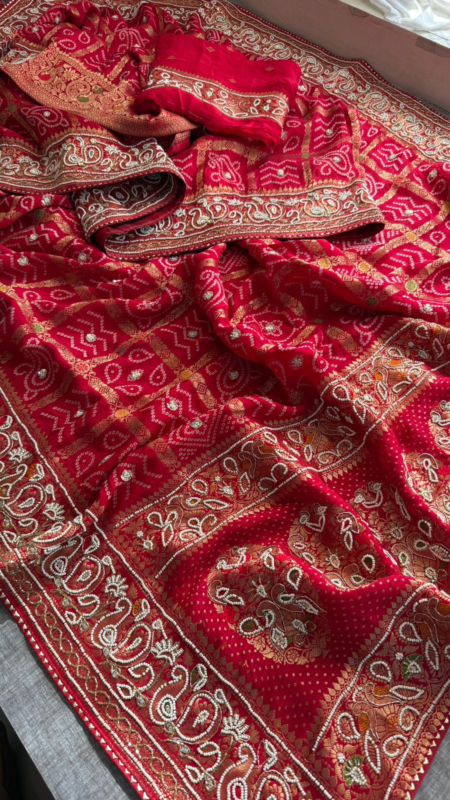 Zardozi Pearl And Kutdana On Munga Silk Banarasi · 56 Artisan Hours of work · The Nazakat Edit