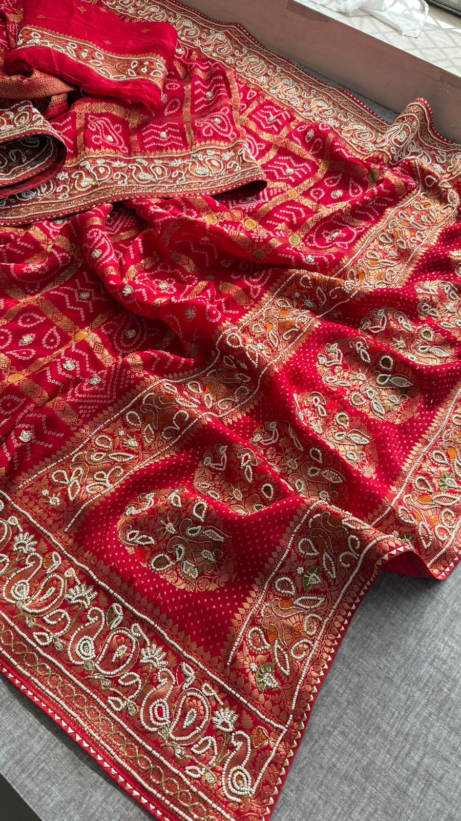 Zardozi Pearl And Kutdana On Munga Silk Banarasi · 56 Artisan Hours of work · The Nazakat Edit