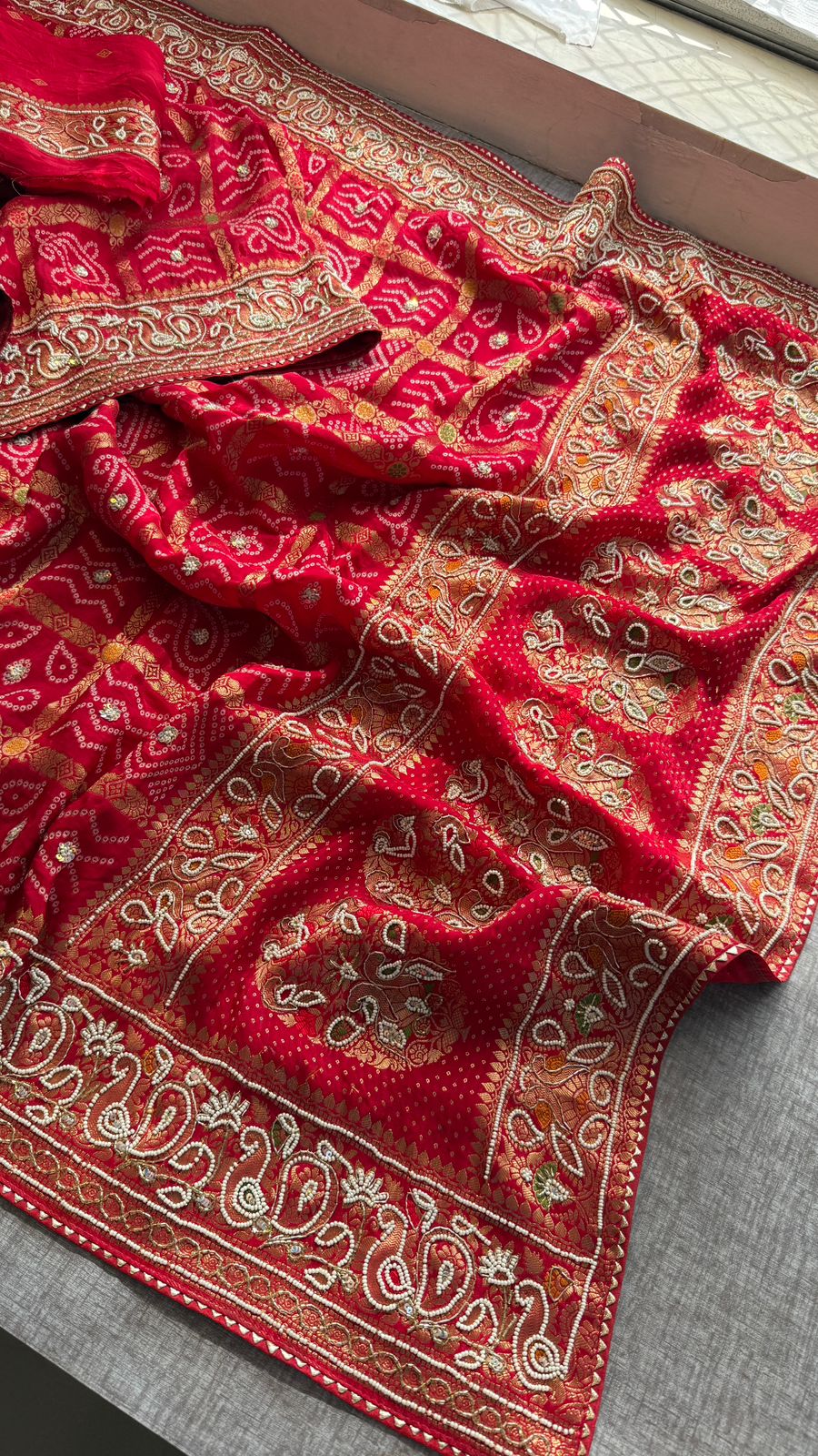 Zardozi Pearl And Kutdana On Munga Silk Banarasi · 56 Artisan Hours of work · The Nazakat Edit