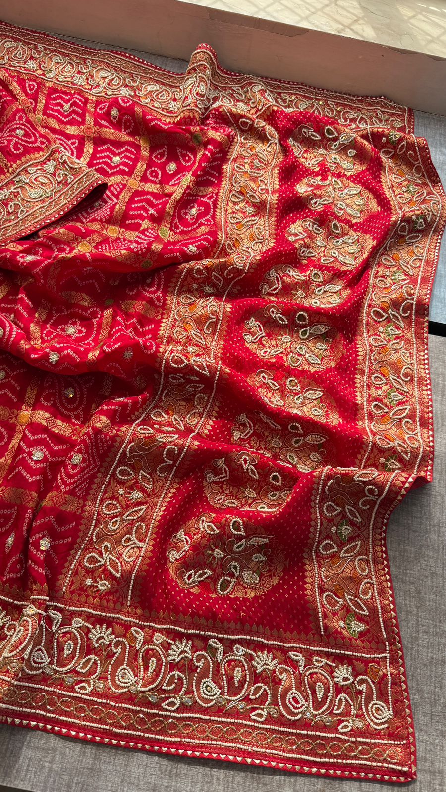 Zardozi Pearl And Kutdana On Munga Silk Banarasi · 56 Artisan Hours of work · The Nazakat Edit