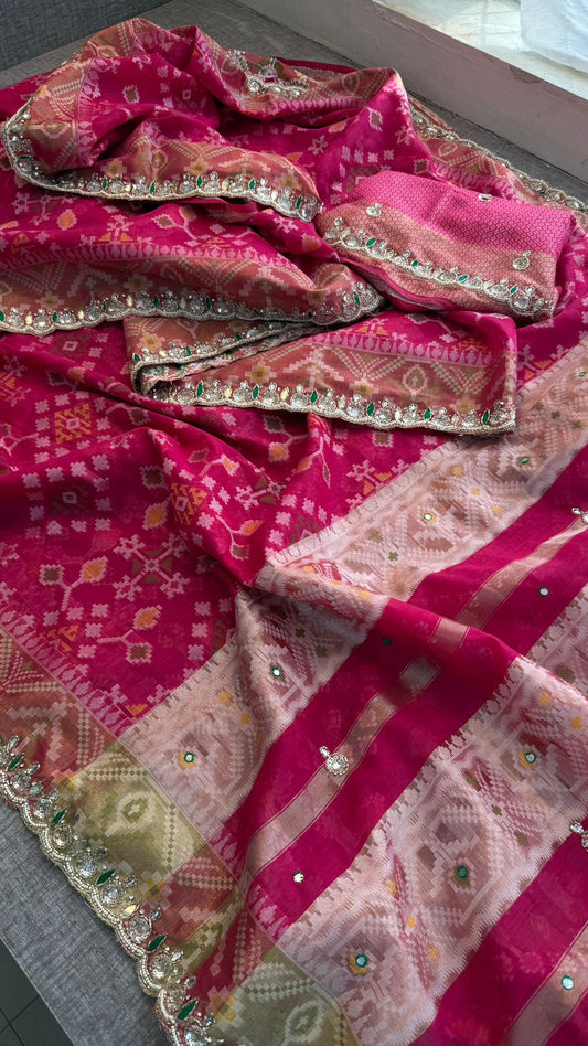 Rangrez Patola Silk Banarasi Saree With Kutdana Pearl Sequins And Resham Work